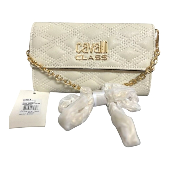 Cavalli Class Ivory Quilt Stitch Wallet Phone Crossbody Clutch Purse Handbag - Picture 2 of 10
